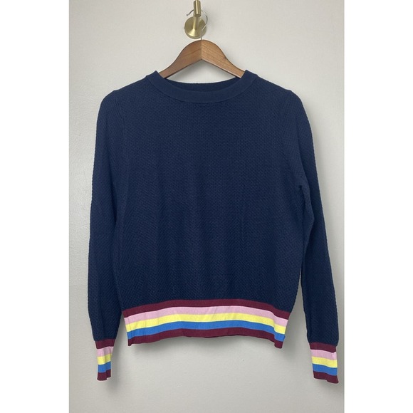 Kule Navy Blue Cashmere Blend Crewneck Sweater Rainbow Striped Cuff‎ Size Small - Picture 2 of 8